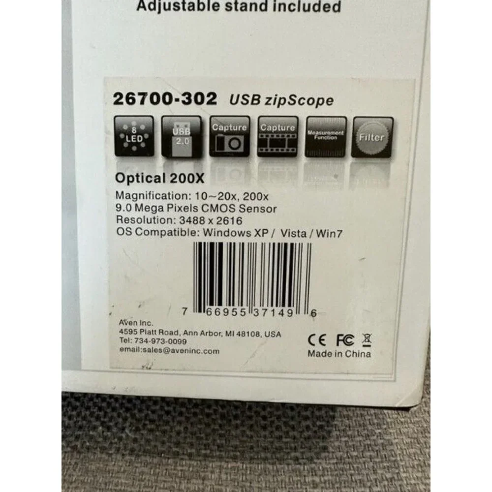 Aven 26700-302 ZipScope USB Digital Microscope 9.0 Mega Pixel 200x Windows New